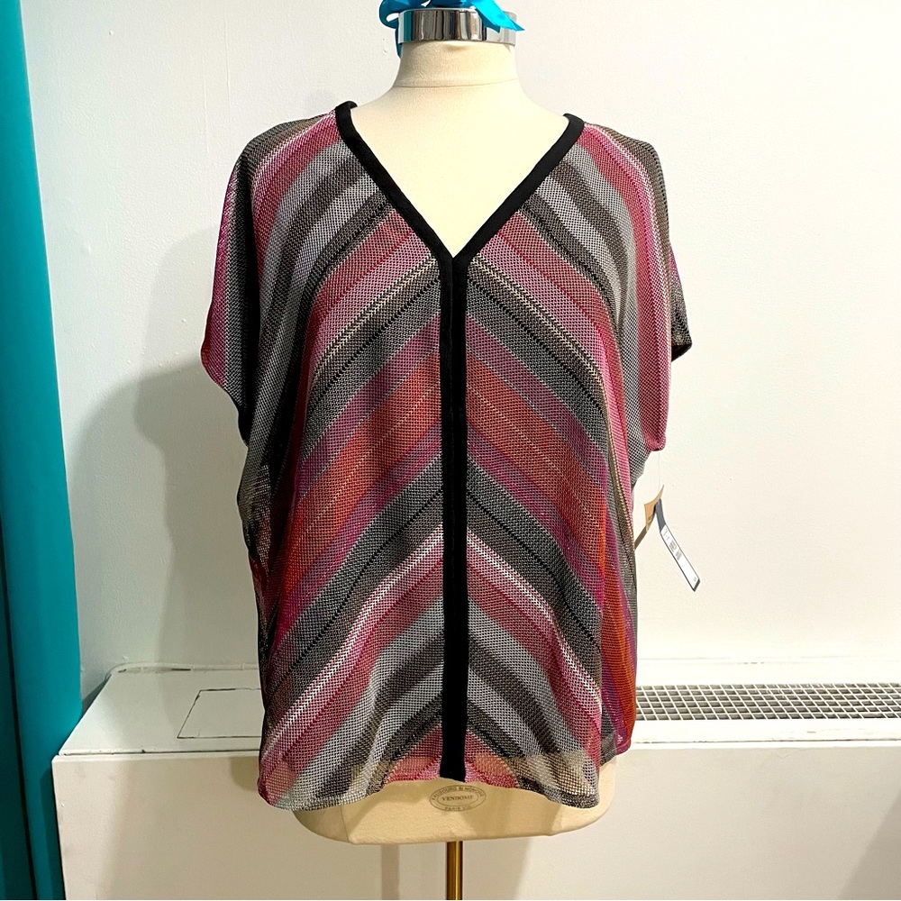 RACHEL Rachel Roy Striped V-Neck Pullover in Pink, Black, Gray